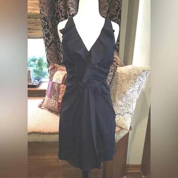 Boston proper size 4  V-neck A line black ruffle designer LBD sexy drop waist. - Picture 2 of 13
